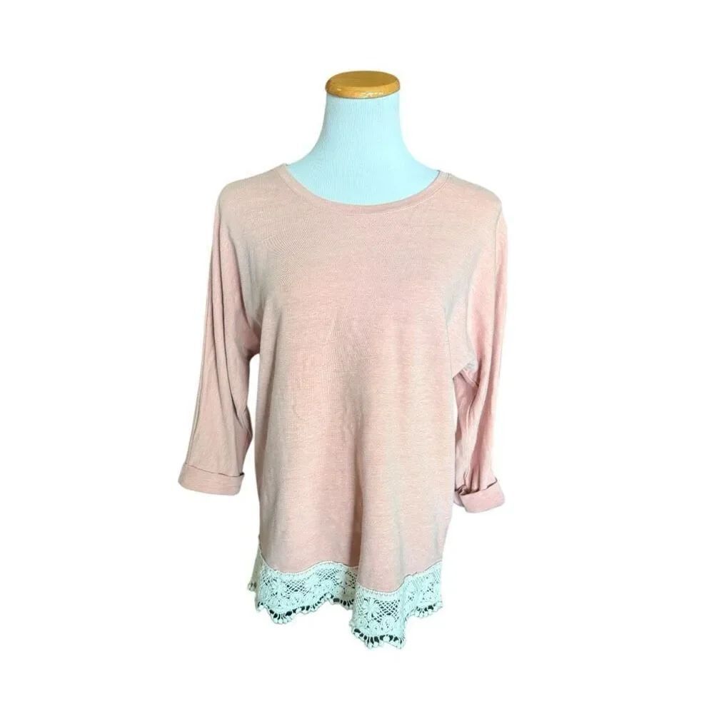 Womens Love on a Hanger 3/4 Sleeve Open Back Lace Trim Top Shirt Blouse- Sz L